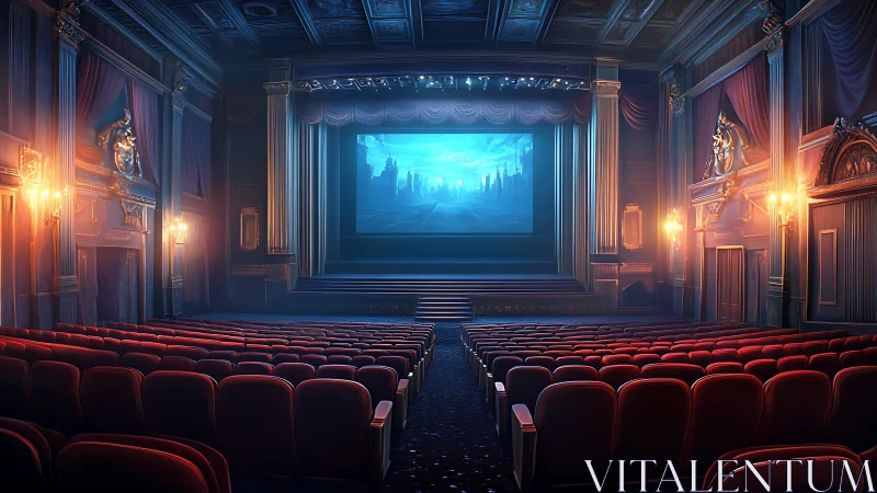 Lavish empty cinema glows before a mysterious blue screening