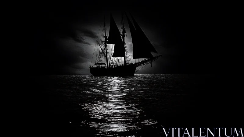 Moonlit phantom schooner slicing through midnight seas.