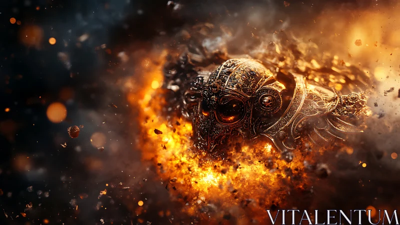 Ornate infernal skull helm emerges from swirling firestorm