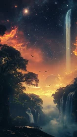 Celestial rainforest canyon merges luminous sky and waterfalls