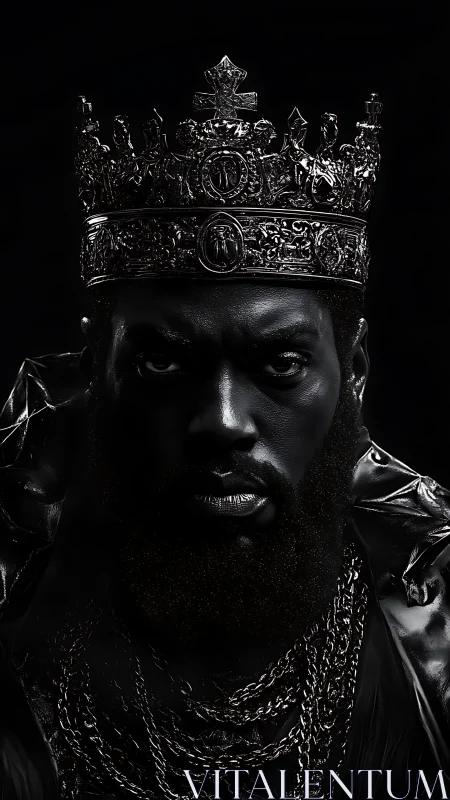 Low‑key monochrome king portrait with ornate metallic crown