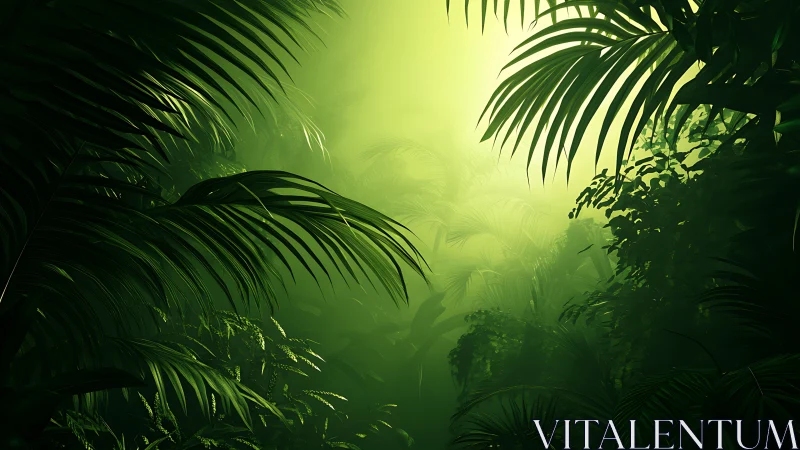Emerald Jungle Glow: Nature's Misty Paradise.