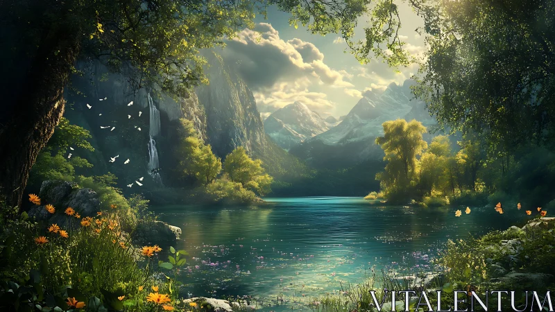 Enchanted mountain lake with waterfalls and glowing forest light.