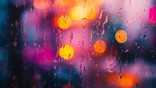 Raindrops on glass against colorful city light bokeh.