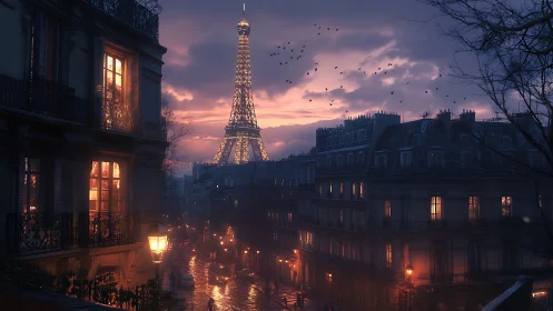 Soft Parisian evening glows around the Eiffel Tower at dusk