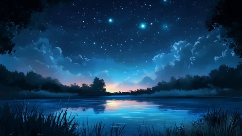 Digital night sky landscape depicts lake, trees and clouds