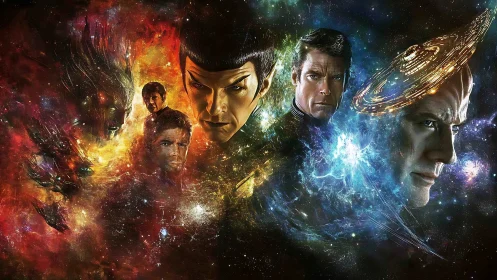 Space opera portrait collage set in vivid cosmic nebulae.