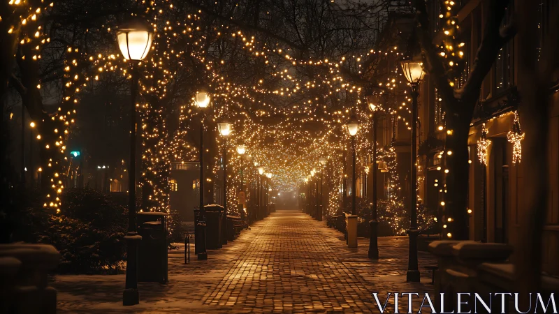 Symmetric winter promenade with axial festive luminance grid.