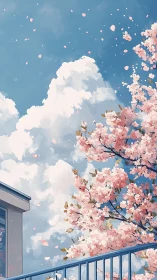 Soft spring clouds drifting above a balcony of blossoms.