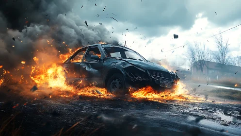 Burning damaged car sits in roadside explosion aftermath