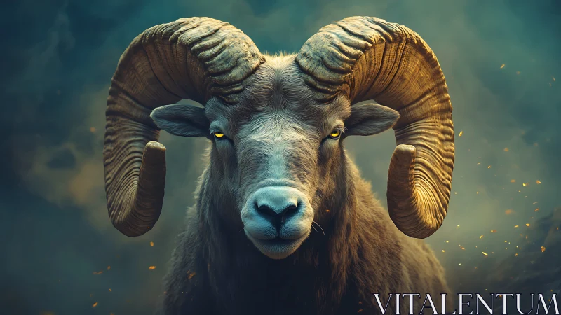 Ram faces camera with symmetrical curved horns in smoke