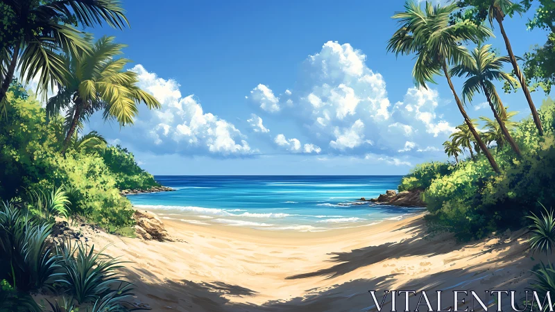 Tropical Beach Cove with Palm Trees and Clear Waters.