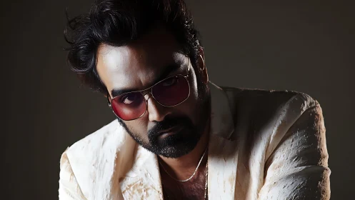 Moody portrait captures a confident man in stylish sunglasses