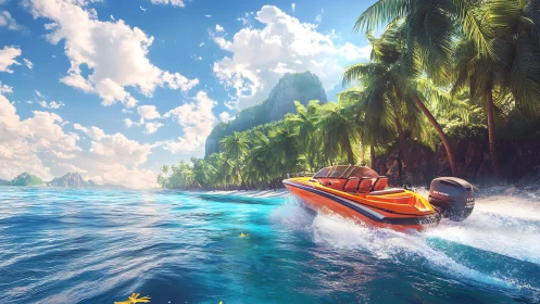 Speedboats Launch from Tropical Island Cove.