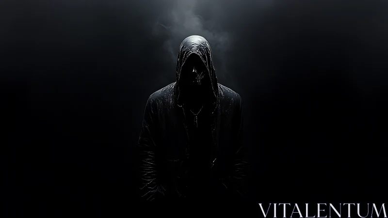 Hooded figure in dark environment with minimal lighting.