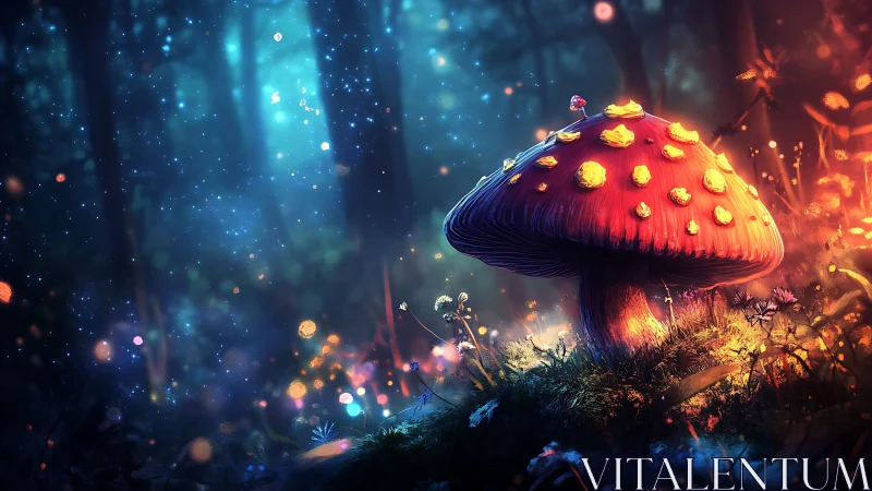 Enchanted red mushroom glows in a dreamy, bioluminescent forest.