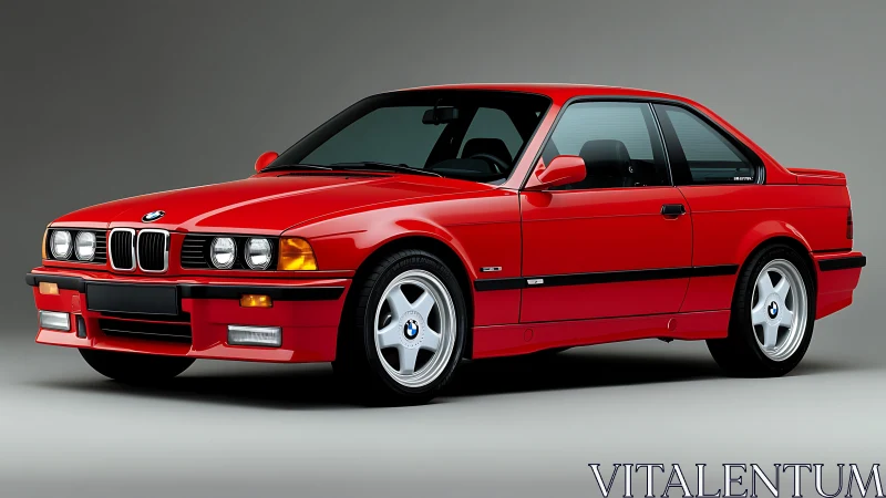 Red BMW E36 coupe studio profile with neutral background.
