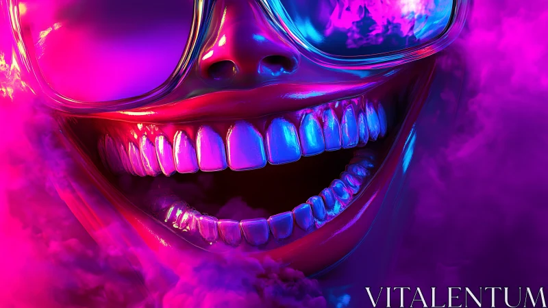 Neon cyberpunk smile with glowing teeth and mirrored shades.