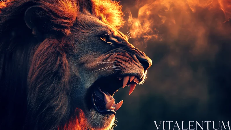 Rendered lion profile displays open mouth and visible fangs