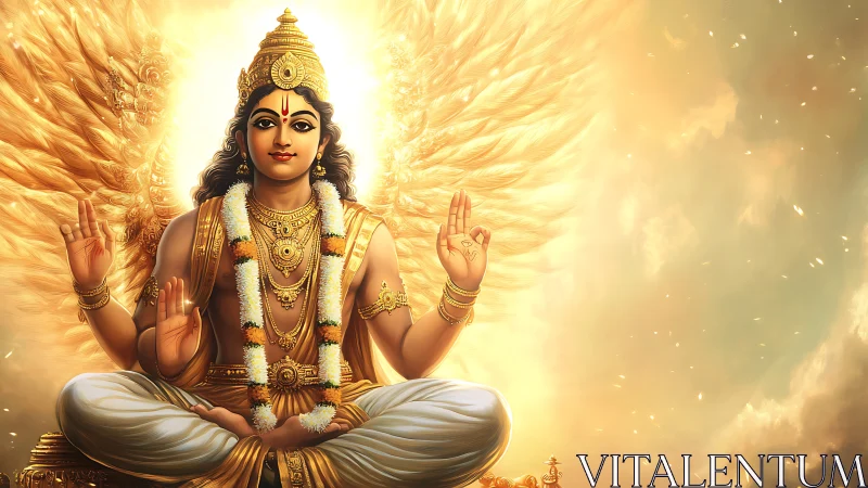 Radiant winged deity in golden sunrise halo of calm power.