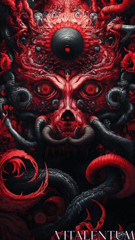 Grotesque red demon face emerges from writhing tentacles