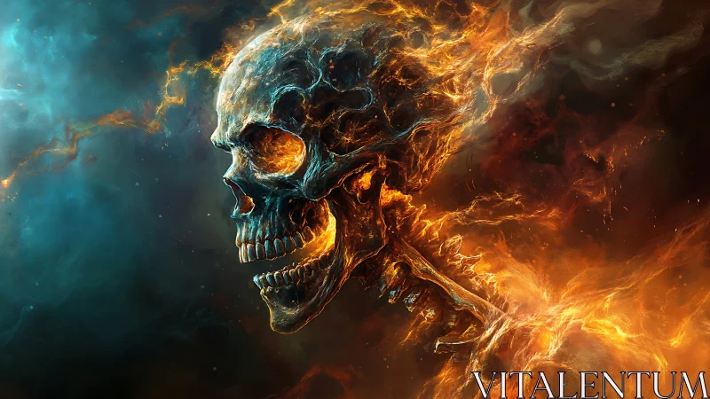 Fiery flaming skull profile in swirling cosmic flames.