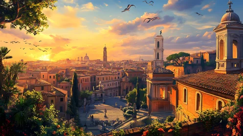 Sunlit historic Mediterranean cityscape with central plaza.