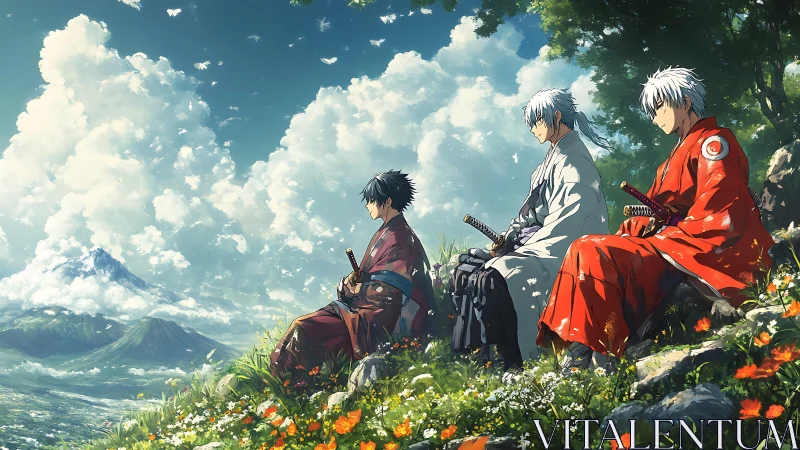 Samurai trio contemplate mountain horizon under luminous clouds