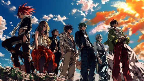 Group of stylized youths stands against a clouded sky