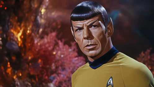 Starship officer poised in vivid alien cavern light.