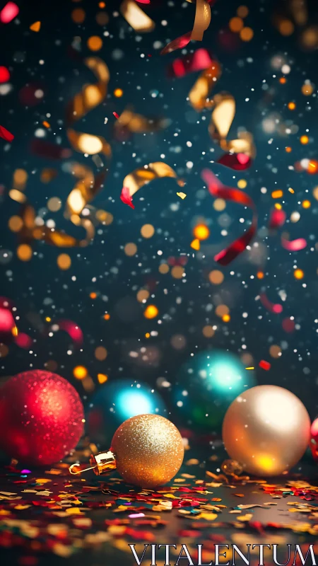 Christmas ornaments with confetti and ribbons on dark surface.