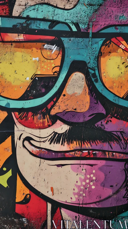 Graffiti portrait with neon sunglasses on urban wall surface.
