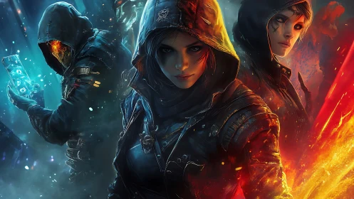 Trio of hooded cyber rogues framed by dual-color energy fields