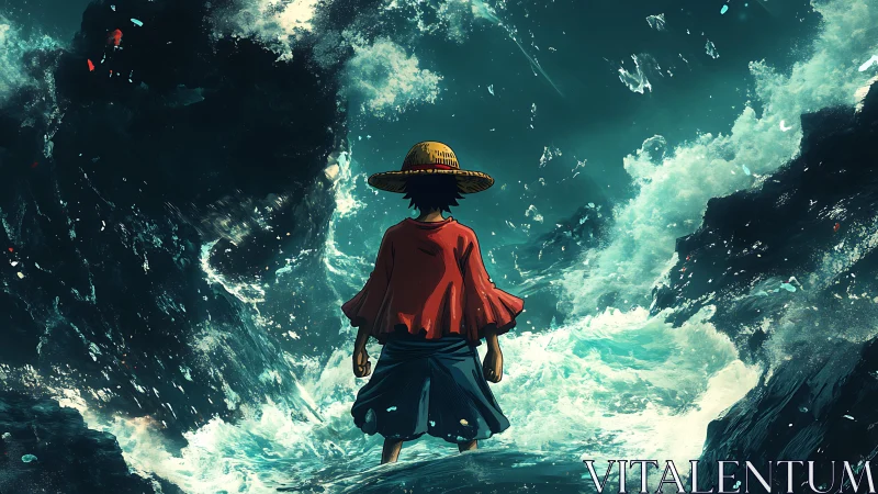 Figure in straw hat stands before turbulent ocean passage