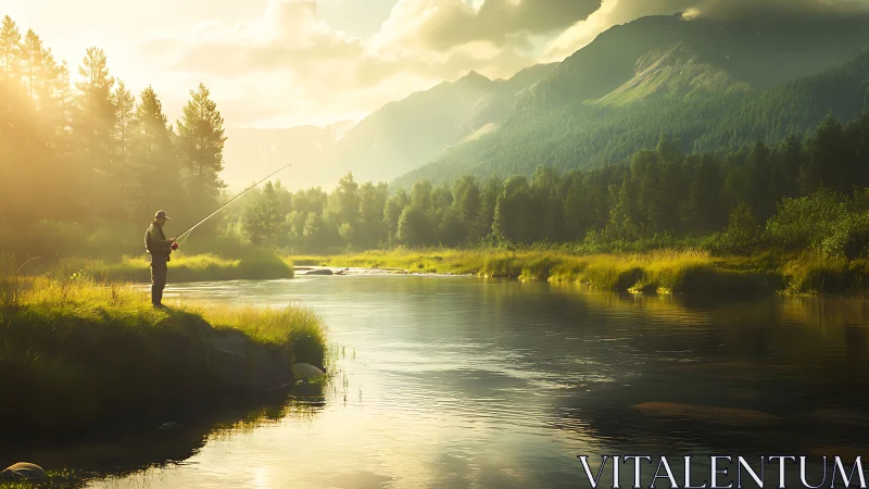 Backlit angler on reflective river in soft golden hour haze