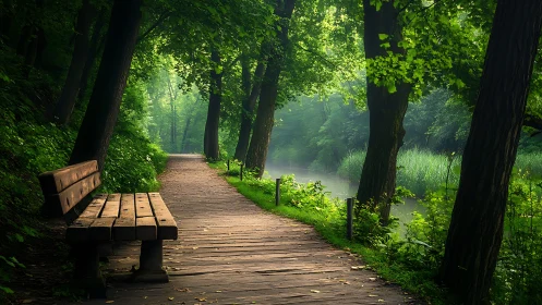 Peaceful Wooden Pathway with Bench in Lush Green Forest Setting.