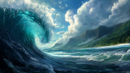 Massive turquoise ocean wave curling toward green cliffs.