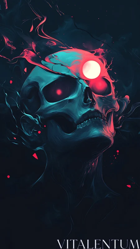 Neon-illuminated skull with volumetric glow and floating core sphere