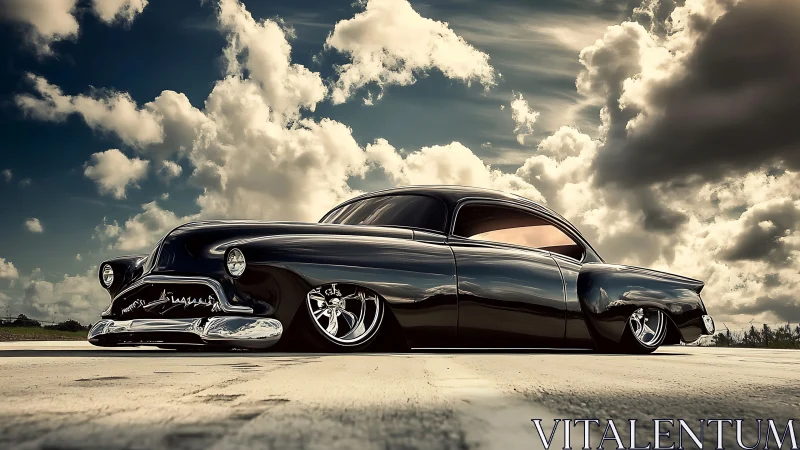 Low-slung black custom coupe beneath dramatic cloudy sky.