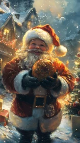 Santa figure in snowy village holding illuminated ornament.