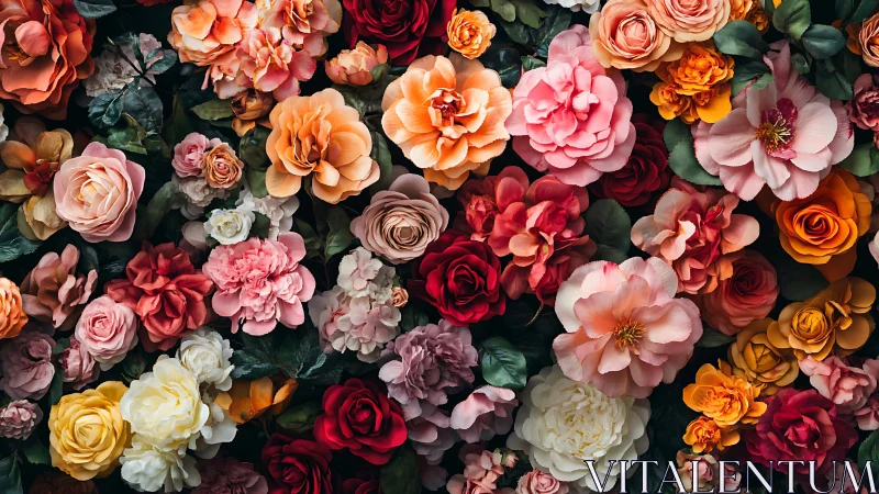 Dense floral arrangement displaying multiple rose varieties in warm tones