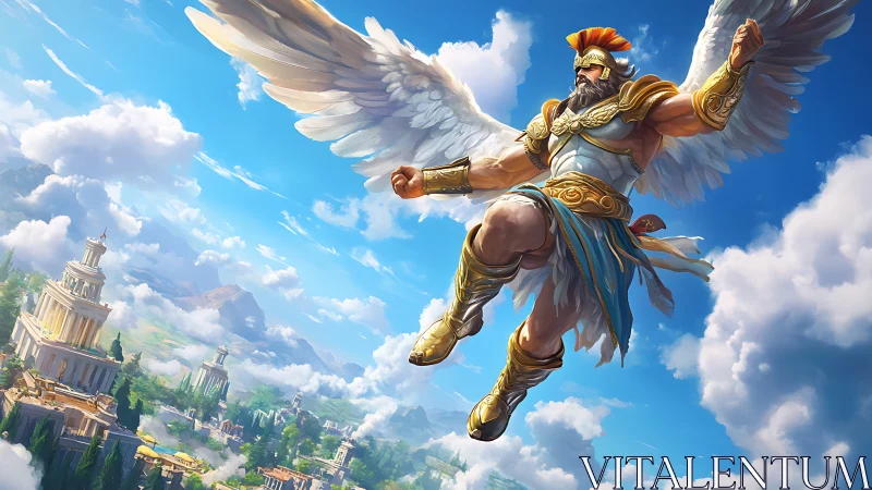 Winged mythic guardian soars above sunlit classical polis