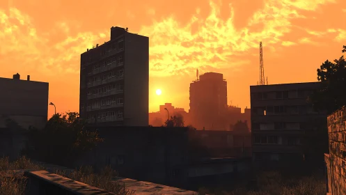 Urban high-rise silhouettes under dense orange sunset sky.