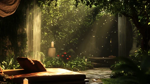 Sunlit jungle retreat with stone waterfalls and daybed