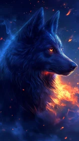 Elemental wolf portrait with blue fur and flame aura.