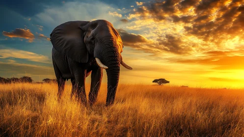 Elephant in golden savanna grass under vivid sunset sky.