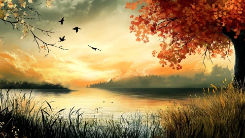 Autumn lake sunset glows behind silhouetted birds and trees.