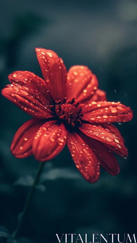 Red flower petals exhibit hydrophobic surface tension with refracted light patterns