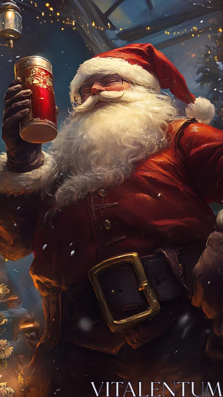 Warm side-lit Santa portrait raises festive drink in rich bokeh