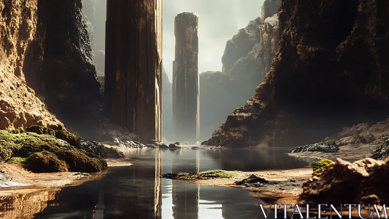 Sunlit stone pillars rising from a quiet secret canyon.